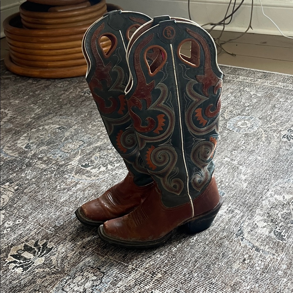 Tony Lama Brown and Teal Embroidered Western Cowboy Boots size 7